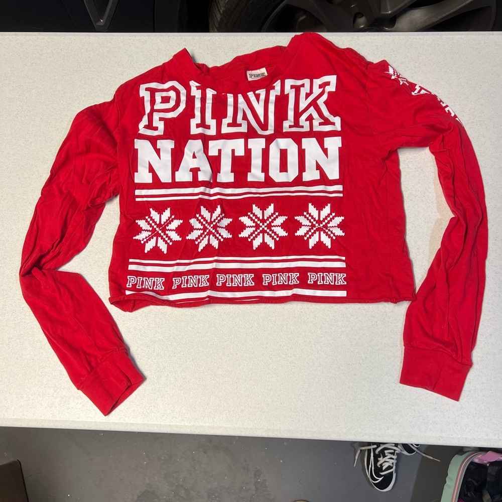 PINK Nation Logo Snowflake Crop Long Sleeve Shirt size Medium Christmas